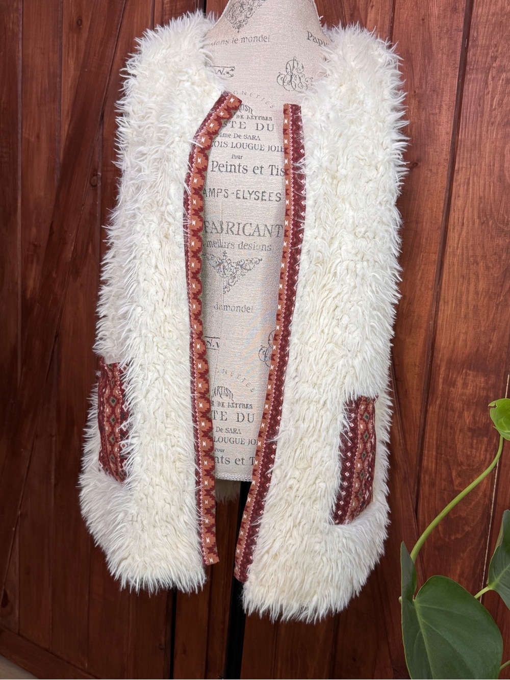 Hem & Thread Ivory Teddy Jacket with Rust Tribal Trim
